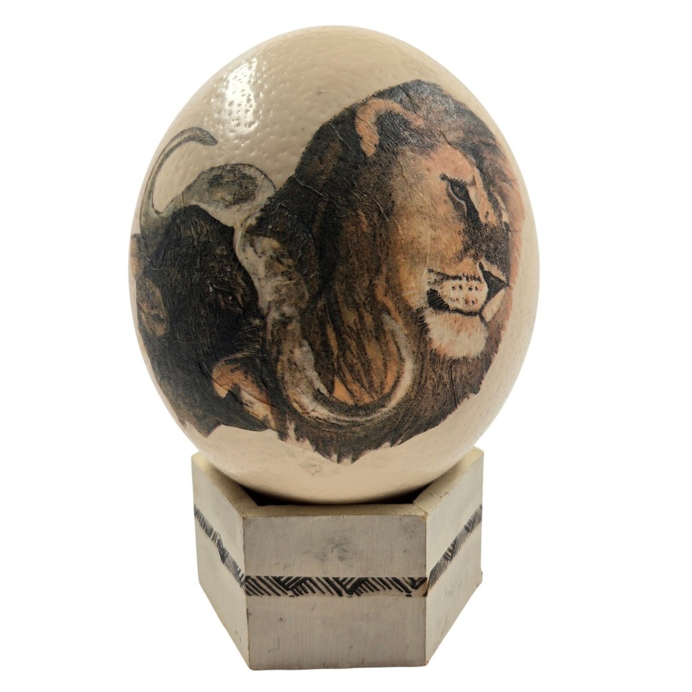 Vintage Ostrich Egg Decor Safari Animals Decoupage Lion Elephant Leopard w Base